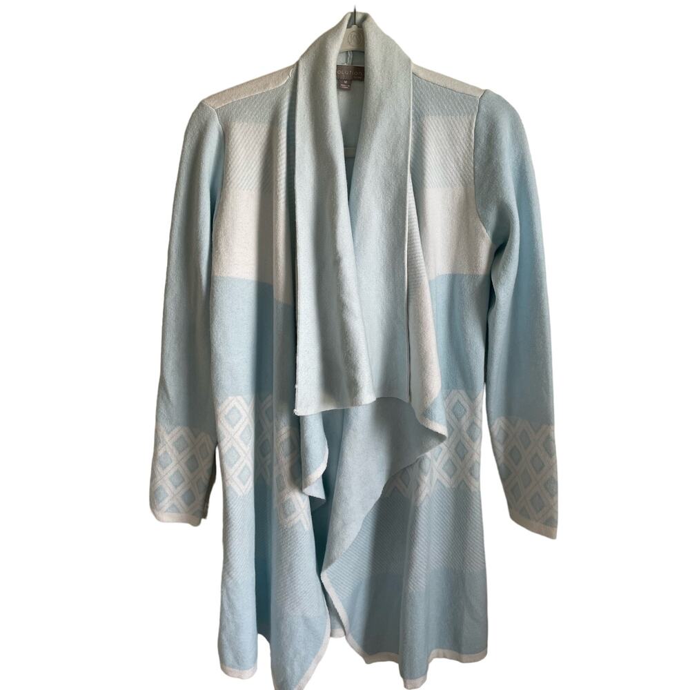 Evolution By Cyrus Sweater Sz M Open Drape Cardigan Shawl Collar Blue White Cozy
